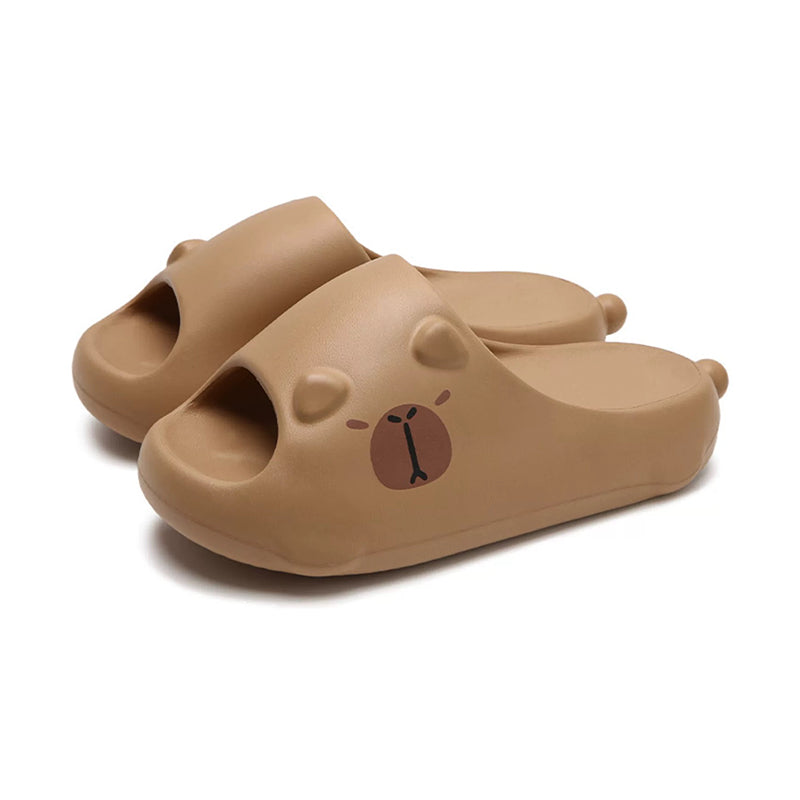 Cute brown capybara EVA slide sandals with 3D ears and printed face, lightweight indoor slip-on shoes