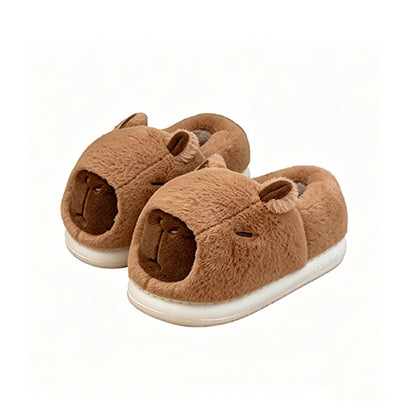 Cute brown capybara plush slippers with large rounded snout and small ears, closed-back fuzzy indoor shoes with EVA sole