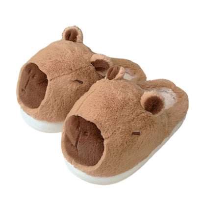 Cute brown capybara plush slippers with simple line eyes and round ears, fuzzy indoor shoes with EVA sole
