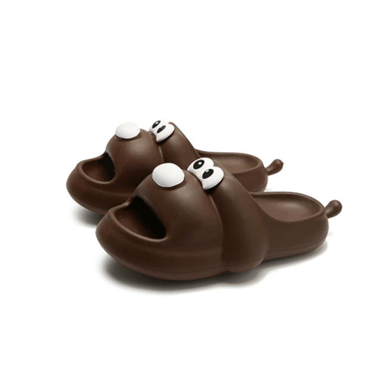 Cute brown cartoon dog EVA slide sandals with big white eyes and small tail, lightweight all-EVA indoor shoes