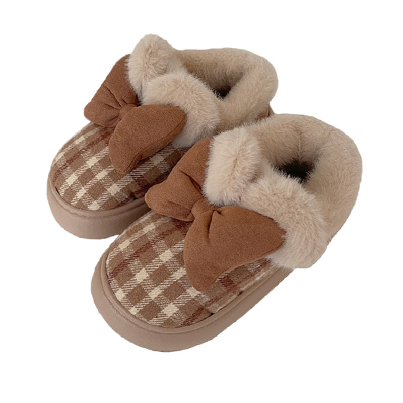 Cute brown checkered closed-back plush slippers with plush bow and fuzzy collar, indoor shoes with EVA sole