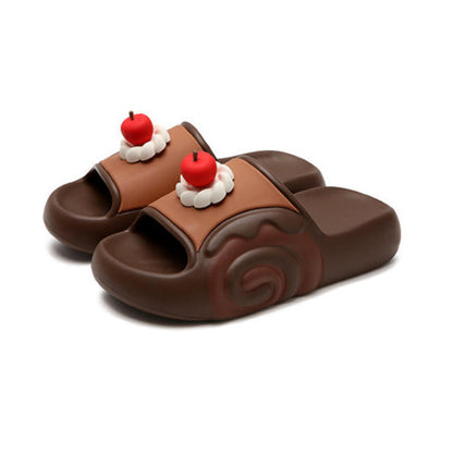 Cute brown cherry cake EVA slide sandals with cream swirl and cherry topper, lightweight indoor shoes
