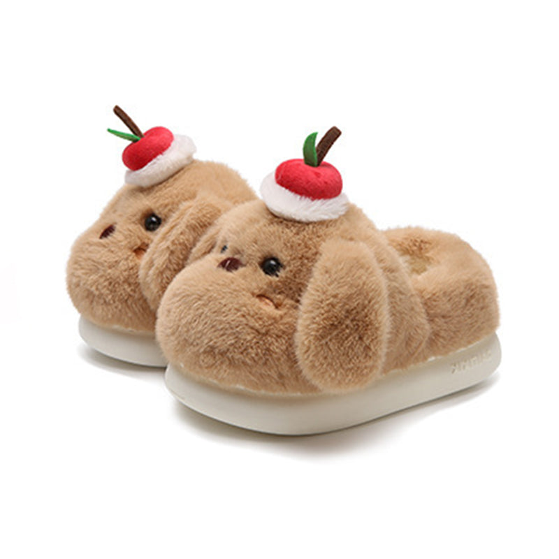 Cute brown dog plush slippers with floppy ears and apple topper, fuzzy indoor shoes with EVA sole
