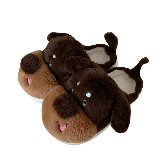Cute brown dog plush slippers with light brown nose and pink tongue, long-body fuzzy indoor shoes with EVA sole