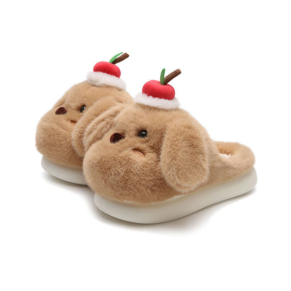 Cute brown dog plush slippers with floppy ears and apple topper, fuzzy indoor shoes with EVA sole