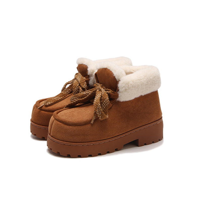 Cute brown faux suede bootie slippers with fuzzy trim and chunky rubber sole, lace-up warm indoor shoes