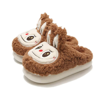 Cute brown fuzzy bunny slippers with white face patch and short ears, indoor shoes with EVA sole