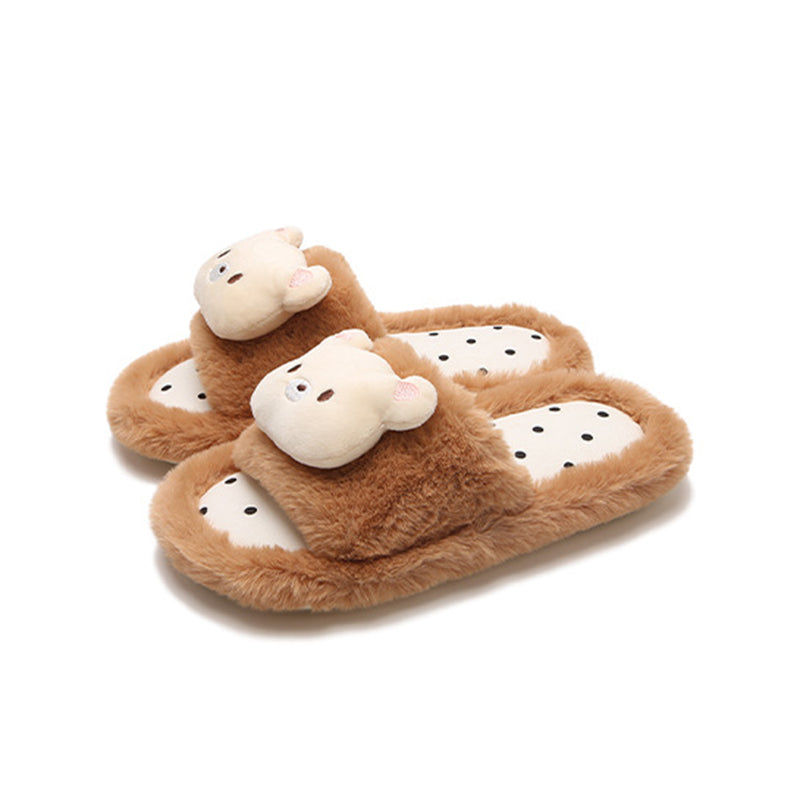Cute brown fuzzy slide slippers with 3D bear charm and polka dot footbed, indoor shoes with EVA sole