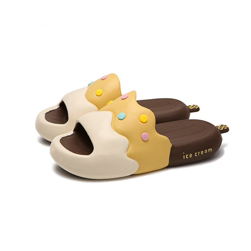Cute brown ice cream EVA slide sandals with colorful sprinkles and melted design, lightweight indoor slip-on shoes