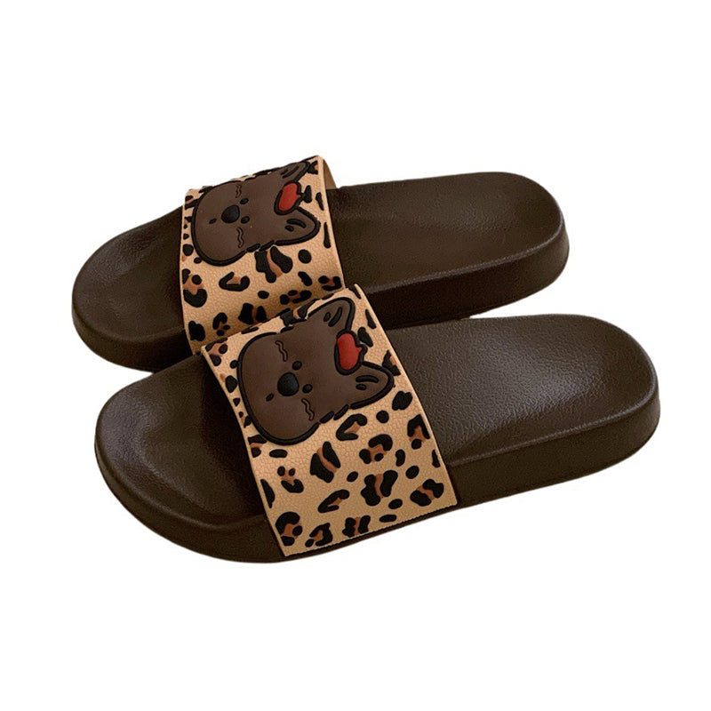 Cute brown leopard print dog slippers with brown dog face and red tongue, PVC upper and EVA sole, slip-on indoor shoes