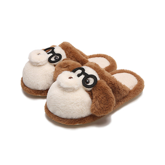 Cute brown monkey plush slide slippers with black glasses and white muzzle, indoor shoes with EVA sole