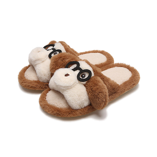 Cute brown monkey plush slide slippers with glasses and white muzzle, indoor shoes with EVA sole