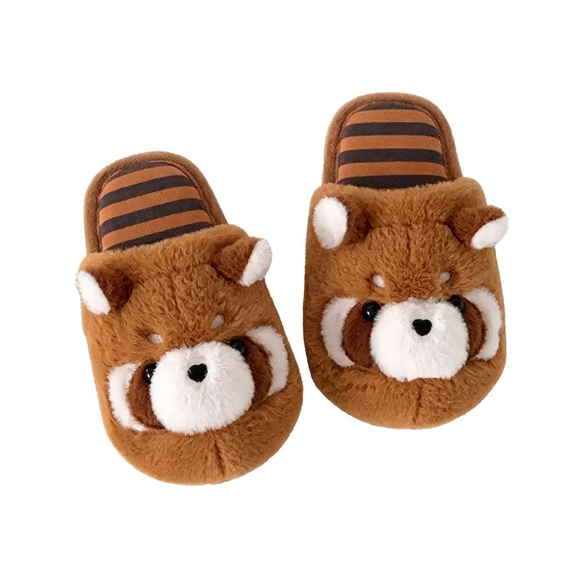 Cute brown raccoon face plush slippers with dark eye masks and white ear tips, warm indoor shoes with PVC sole