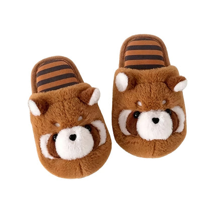 Cute brown raccoon face plush slippers with dark eye masks and white ear tips, warm indoor shoes with PVC sole