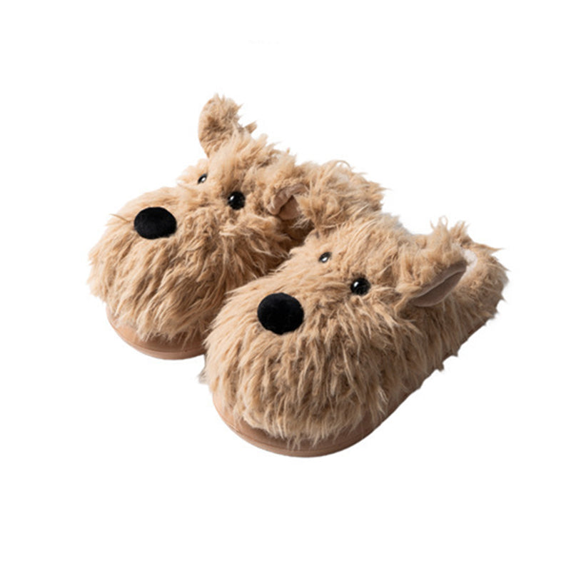 Cute brown shaggy dog plush slippers with large black nose and dot eyes, fuzzy indoor shoes with EVA sole
