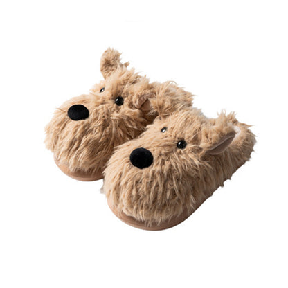 Cute brown shaggy dog plush slippers with large black nose and dot eyes, fuzzy indoor shoes with EVA sole