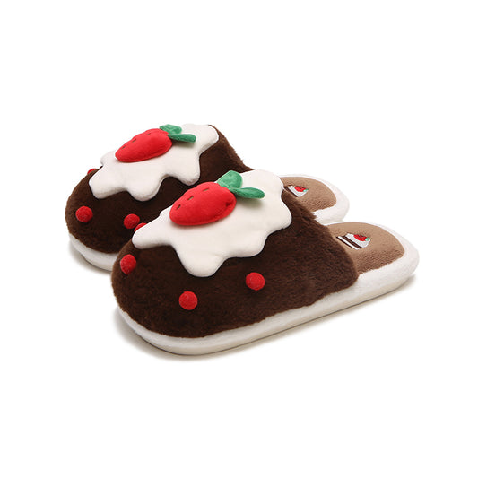 Cute brown strawberry cake design plush slippers with cream topping and red strawberry, indoor shoes with PVC sole