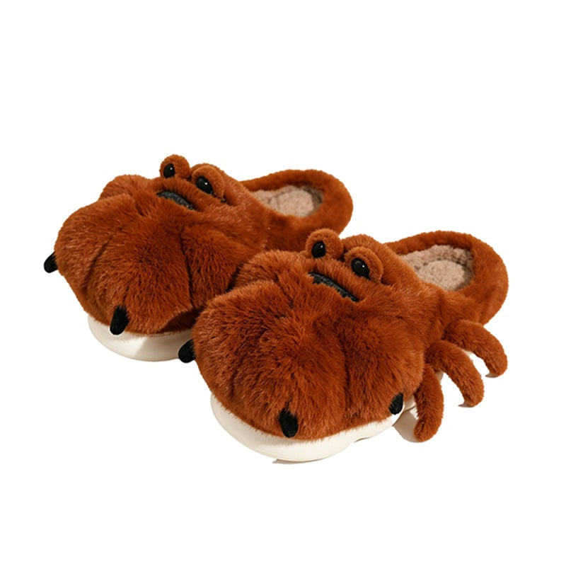 Cute brown tiger paw plush slippers with black stripes and claws, fuzzy animal paw indoor shoes with EVA sole
