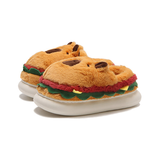 Cute burger capybara plush slippers with layered lettuce and meat design, fuzzy indoor shoes with EVA sole
