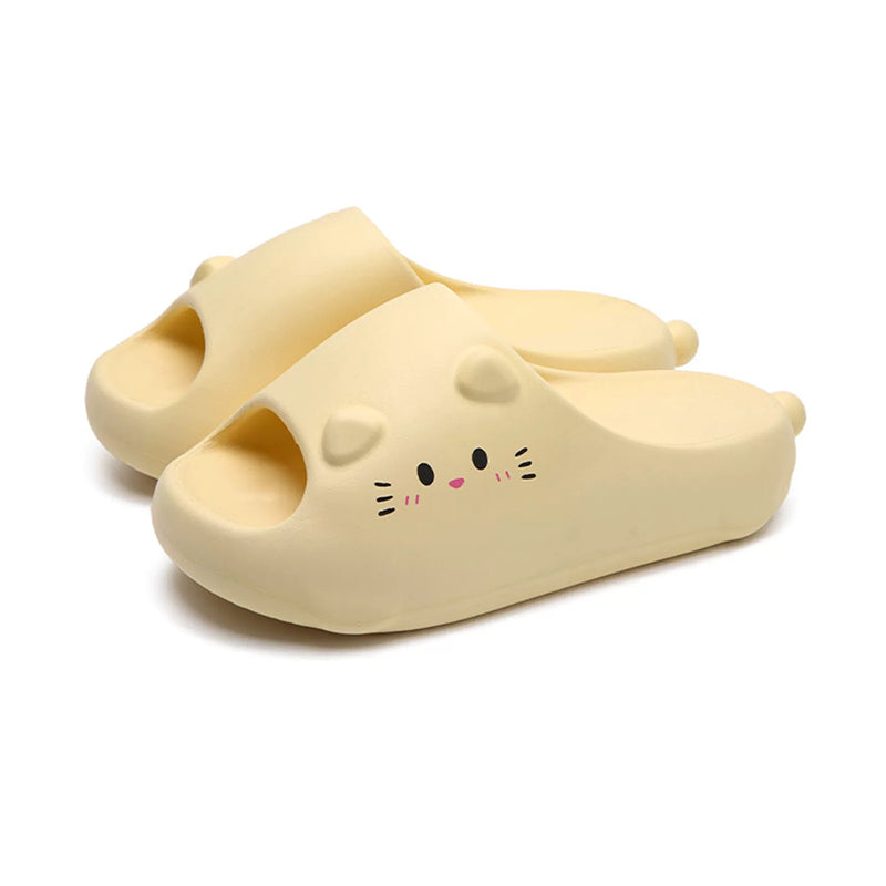Cute cream cat EVA slide sandals with 3D ears and printed face, lightweight indoor slip-on shoes