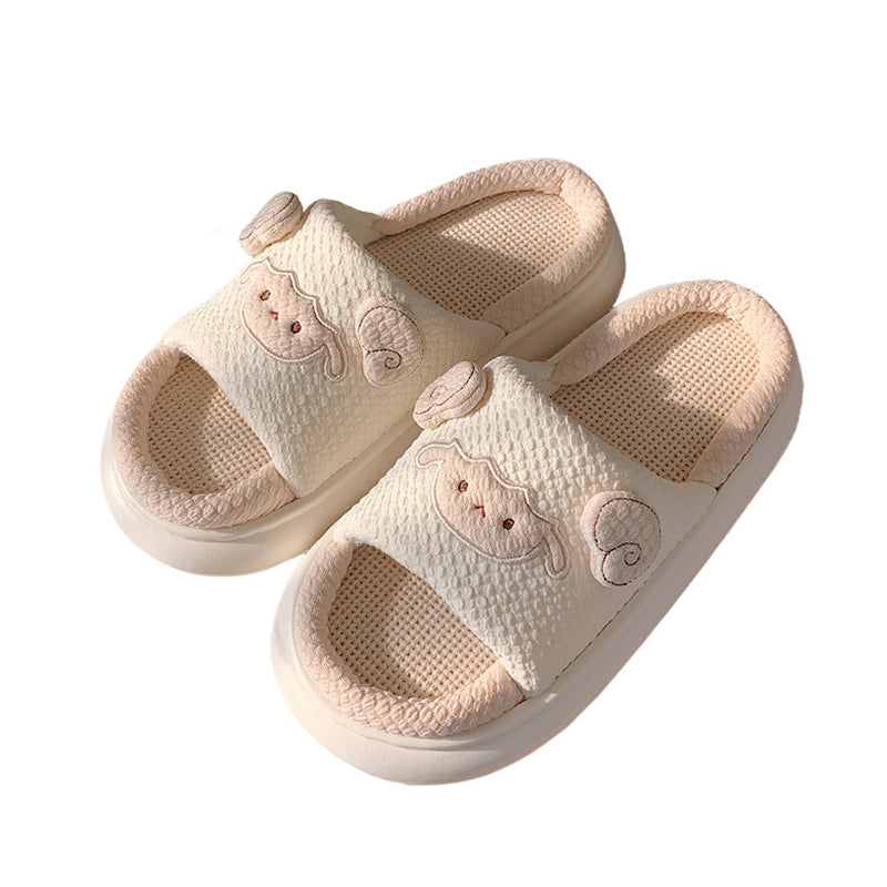 Cute cream sheep linen slippers with 3D sheep face and ears, breathable fabric indoor shoes with EVA sole