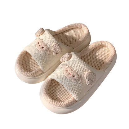 Cute cream sheep linen slippers with 3D sheep face and ears, breathable fabric indoor shoes with EVA sole