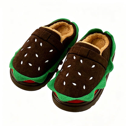 Cute dark brown burger design closed-back slippers with sesame bun and lettuce trim, plush indoor shoes with EVA sole