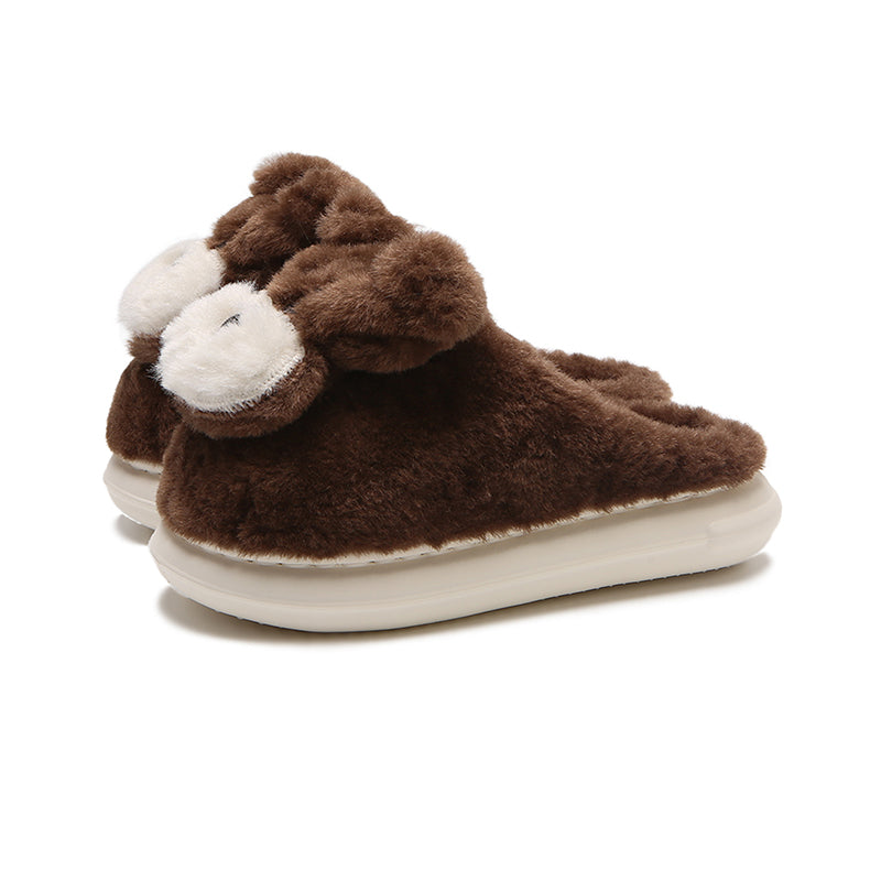 Cute dark brown dog plush slippers with white round muzzle and short ears, indoor shoes with EVA sole
