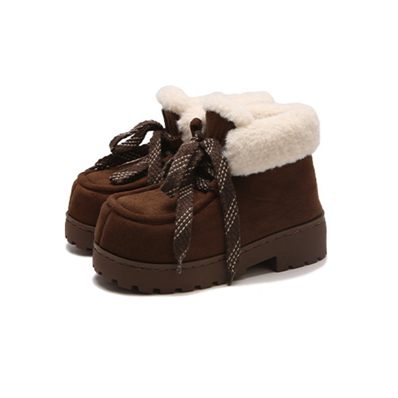 Cute dark brown faux suede bootie slippers with fuzzy trim and chunky rubber sole, lace-up warm indoor shoes