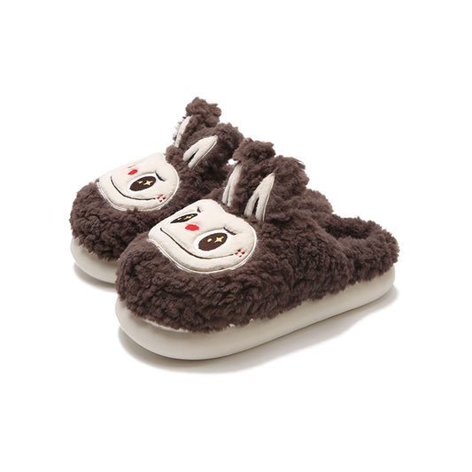 Cute dark brown fuzzy bunny slippers with white face patch and short ears, indoor shoes with EVA sole