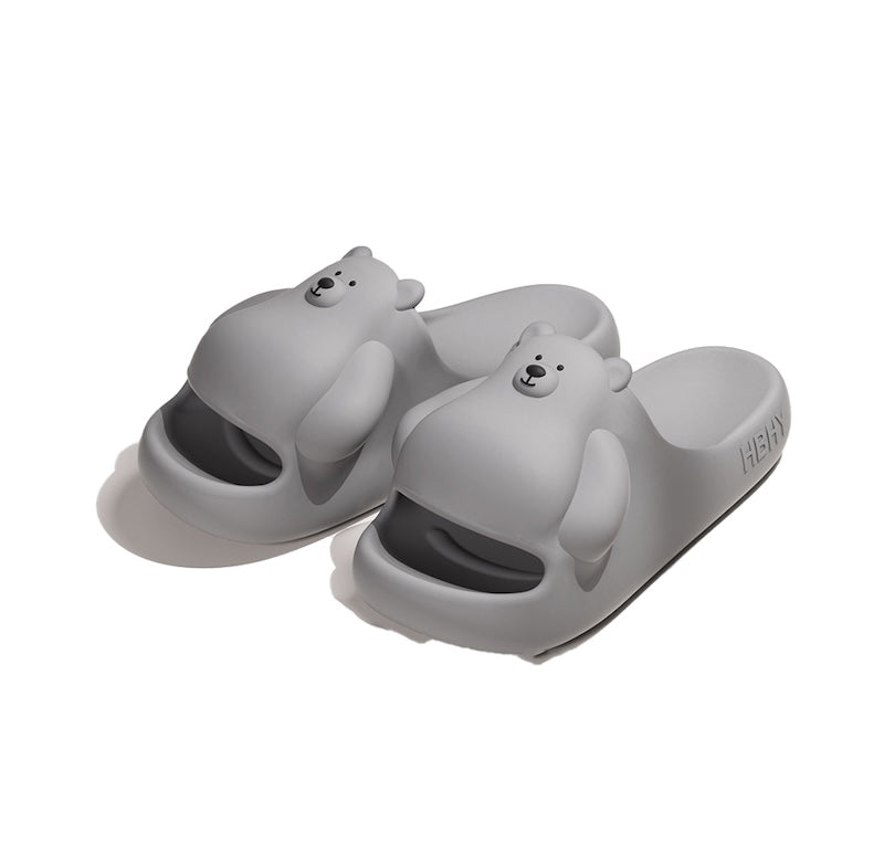 Cute gray 3D bear EVA slide sandals with round ears and hugging arms, lightweight indoor shoes