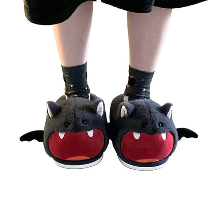 Cute gray Halloween bat plush slippers with red open mouth, white fangs, and bat wings, fuzzy indoor shoes with PVC sole