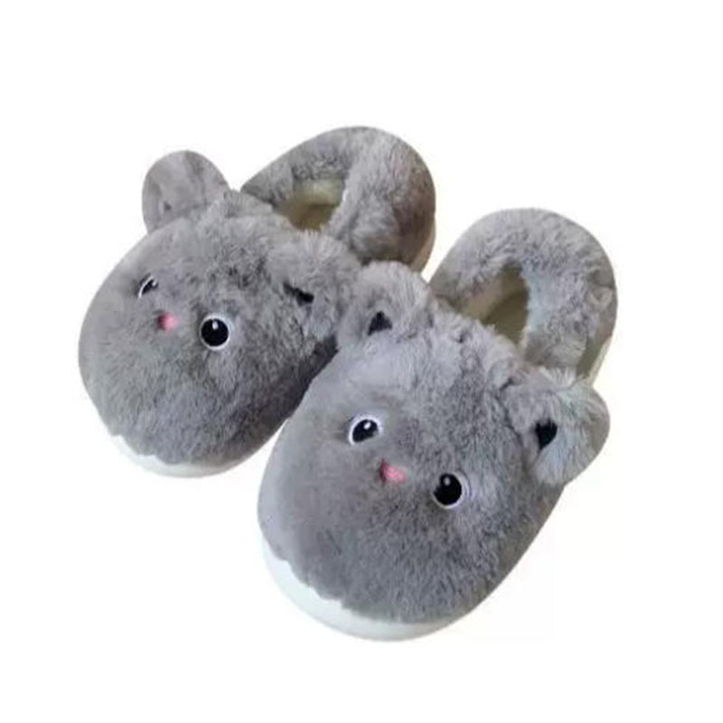 Cute gray animal plush slippers with big round eyes and pink nose, fluffy faux fur indoor shoes with EVA sole