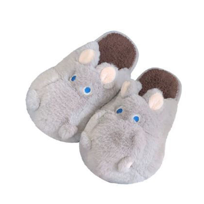 Cute gray hippo plush slippers with blue eyes and round nose, closed-back fuzzy indoor shoes with PVC sole