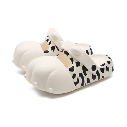Cute gray leopard print cat paw EVA clogs with 3D toes and adjustable strap, lightweight indoor shoes