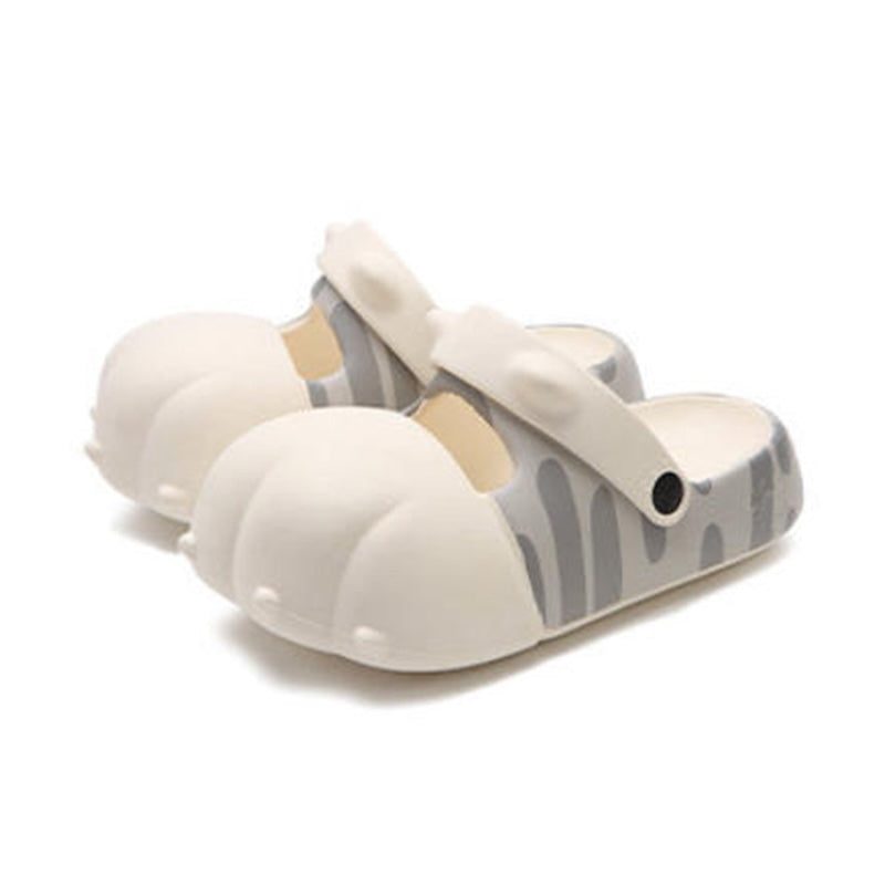 Cute gray tiger striped cat paw EVA clogs with 3D toes and adjustable strap, lightweight indoor shoes