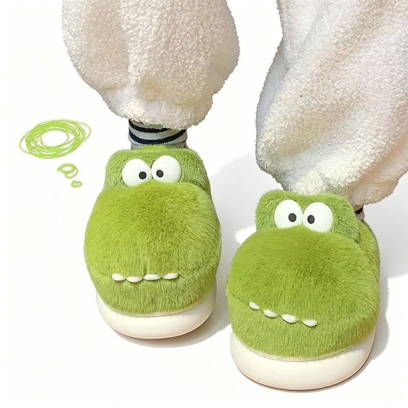 Cute green crocodile plush slippers with big white googly eyes and flat teeth, fuzzy indoor shoes with EVA sole