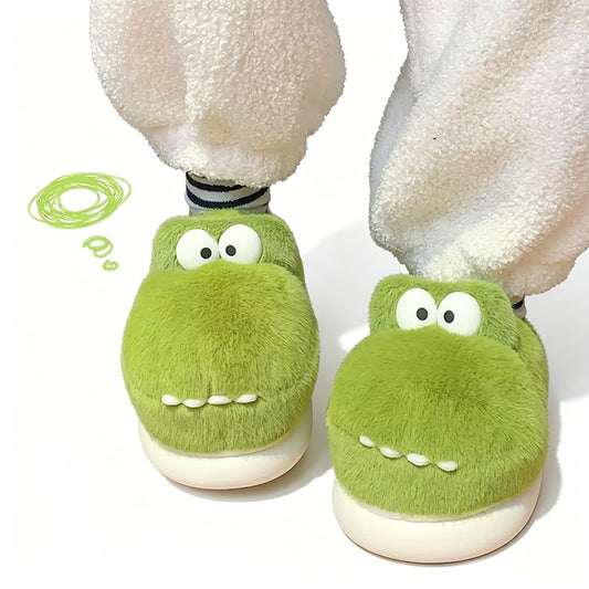 Cute green crocodile plush slippers with big white googly eyes and flat teeth, fuzzy indoor shoes with EVA sole