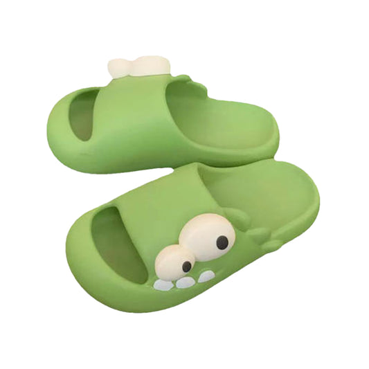 Cute green dinosaur EVA slide sandals with big eyes and teeth, lightweight indoor slip-on shoes