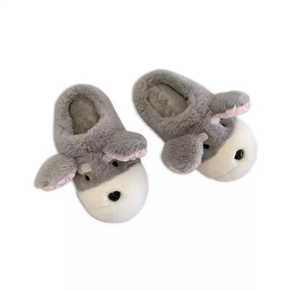 Cute grey and white dog plush slippers with large floppy ears and pink inner lining, fuzzy indoor shoes with TPR sole