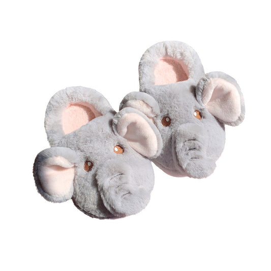 Cute grey elephant plush slippers with pink inner ears and trunk, closed-back fuzzy indoor shoes with EVA sole