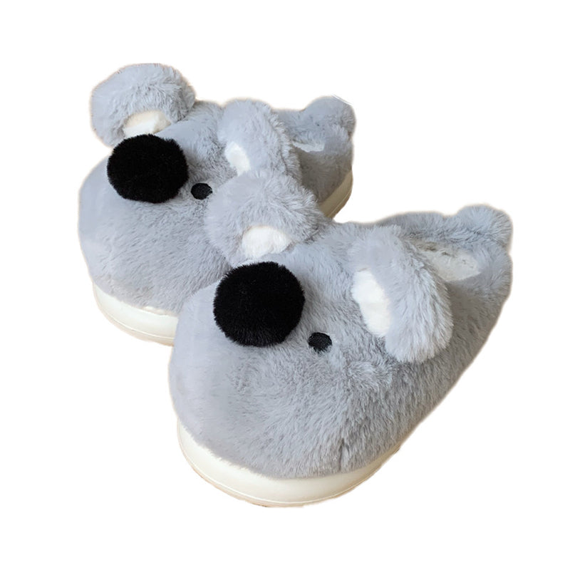 Cute grey koala plush slippers with big black nose and floppy ears, fuzzy faux fur indoor shoes with EVA sole