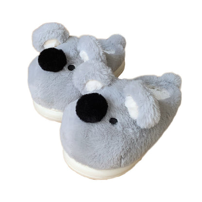 Cute grey koala plush slippers with big black nose and floppy ears, fuzzy faux fur indoor shoes with EVA sole