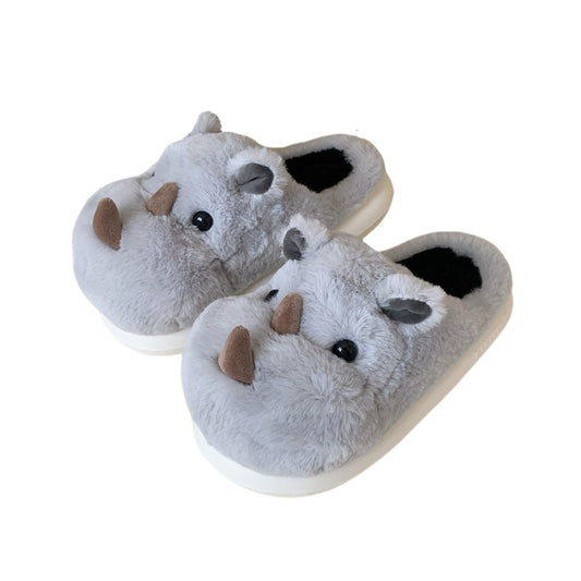 Cute grey rhino plush slippers with brown horns and black fluffy lining, fuzzy indoor shoes with EVA sole
