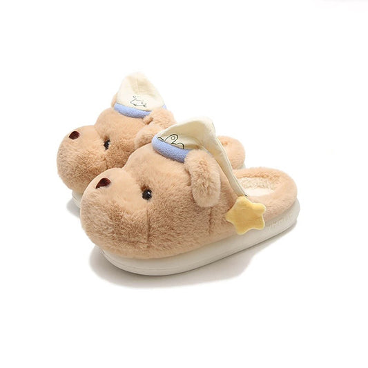 Cute khaki bear plush slippers with blue and white fabric hat and star charm, indoor shoes with EVA sole