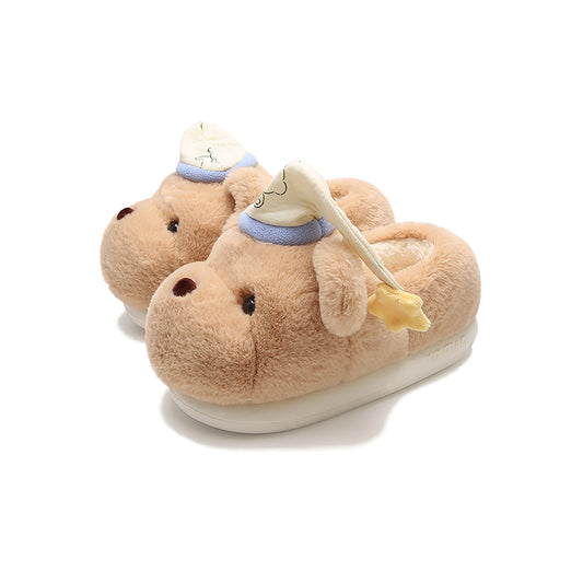 Cute khaki bear plush slippers with blue and white fabric hat and tiny smile, indoor shoes with EVA sole
