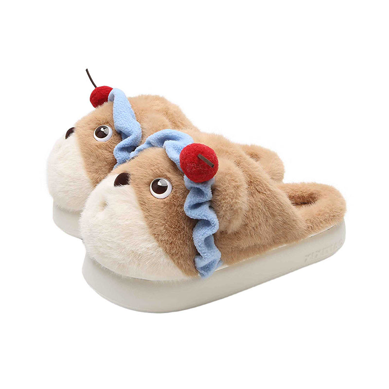 Cute khaki bear plush slippers with blue ruffled headband and cherry topper, fuzzy indoor shoes with EVA sole
