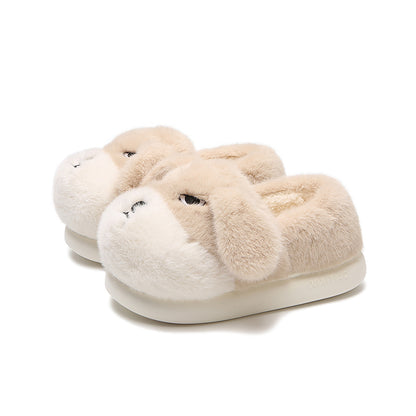Cute khaki dog plush slippers with floppy ears and embroidered closed eyes, closed-back fuzzy indoor shoes with EVA sole