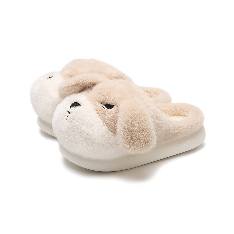 Cute khaki dog plush slippers with floppy ears and winking face, fuzzy indoor shoes with EVA sole