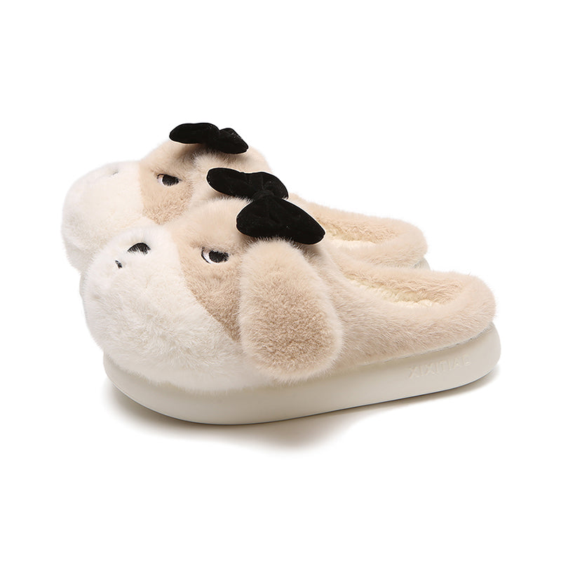 Cute khaki dog plush slippers with floppy ears, closed eyes, and removable black bow, fuzzy indoor shoes with EVA sole